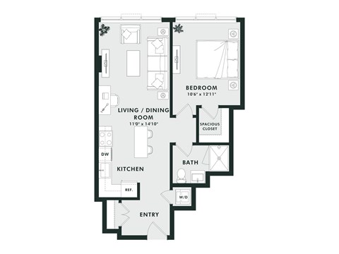 Floor plan for 1 bed, 1 bath, 695 sqft